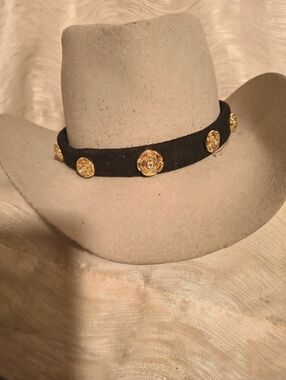 New Western Hat Band, Or Head Band, Blk Suede, Gold Floral Conchos. Adjustable.
